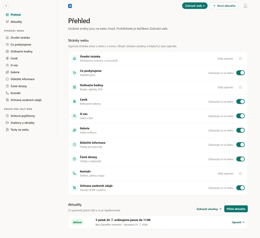 Ukázka administrace webu ordinace: přehled se seznamem stránek webu, přepínači pro jejich zapnutí a vypnutí a se seznamem aktualit pro pacienty.